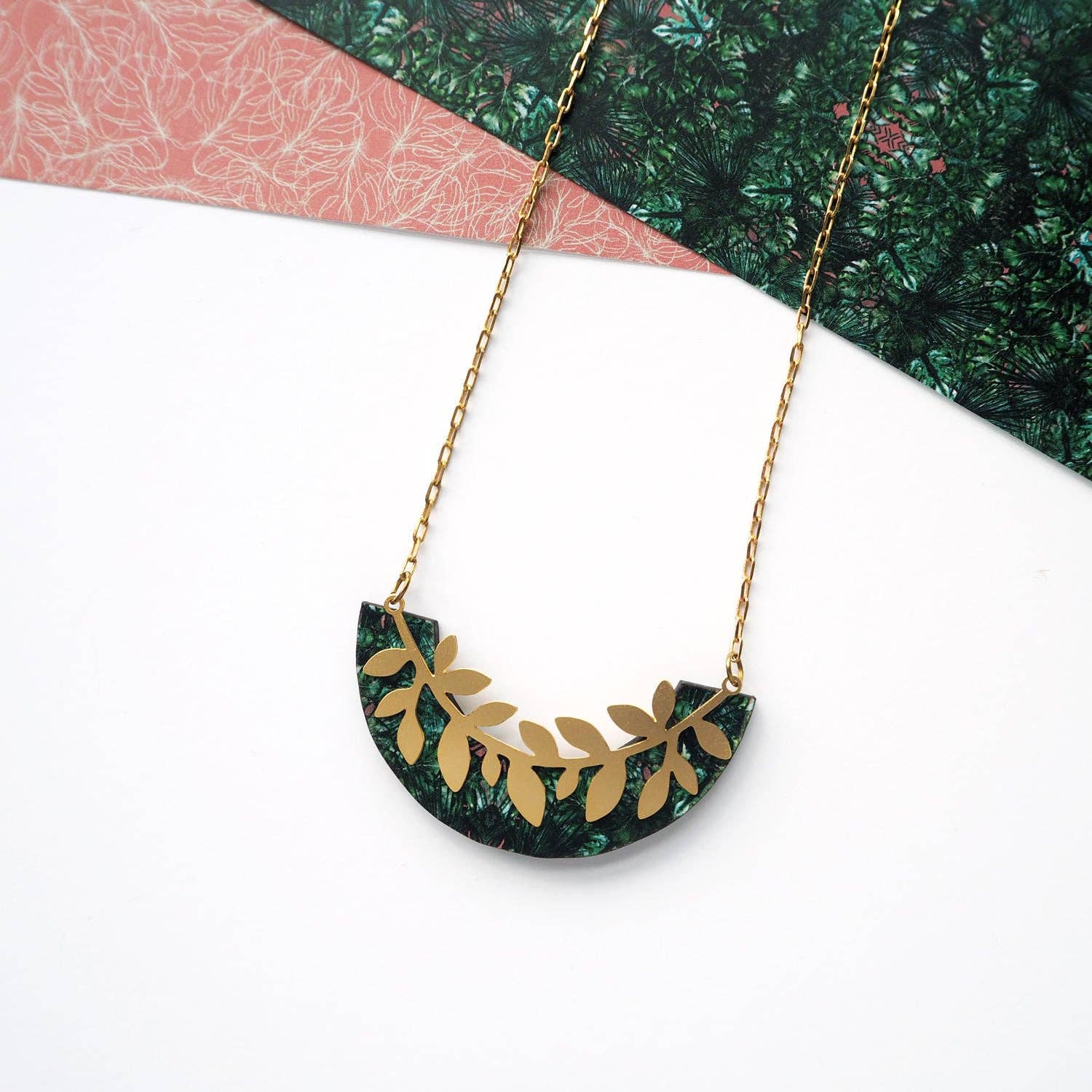 Gold & Green Branch Leaf Necklace